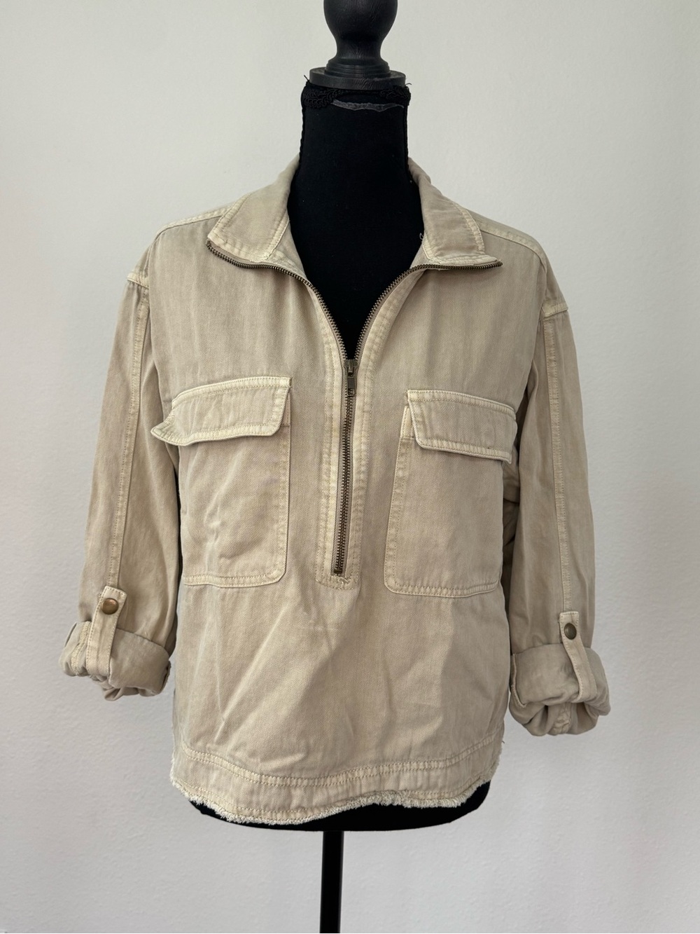 Pilcro Beige Half Zip Utility Pullover Top Raw Hem Size S